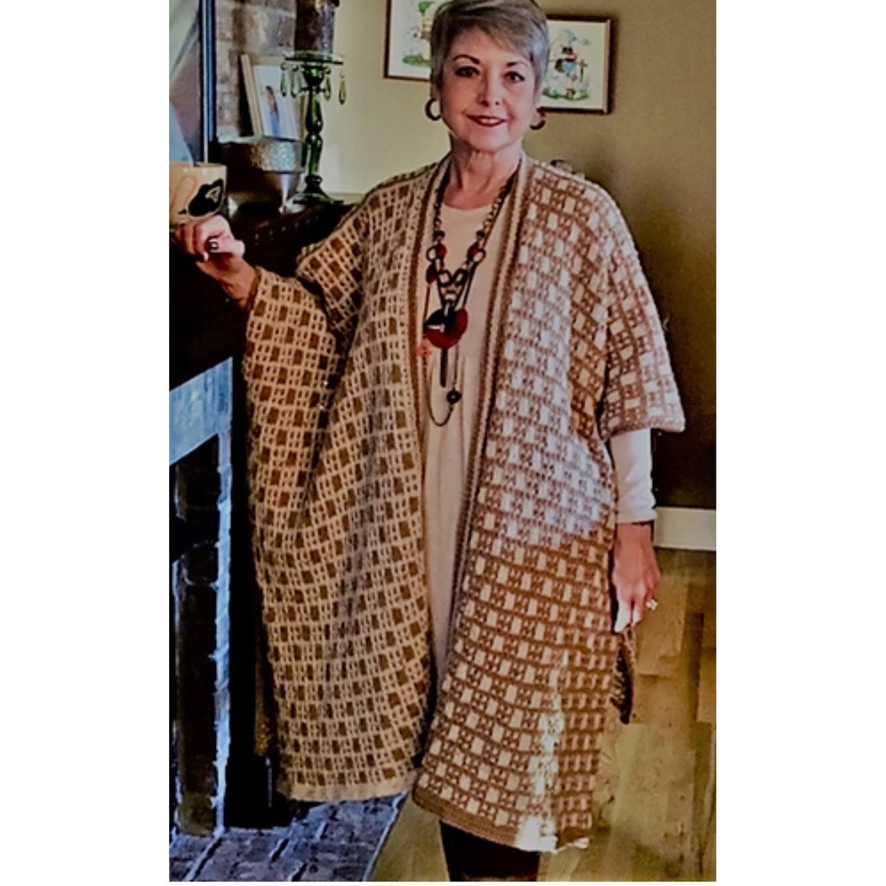 Handmade Knit Poncho Wrap Tan Cream Geometric Grid Confetti Oversized Open Front